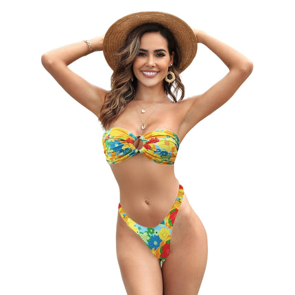 Tube Top Pumping Pleated Bikini Female Sexy Halter High Waist Thickened Split Swimsuit Swim Mod Ditsy Bandeau Bikini Swimsuit