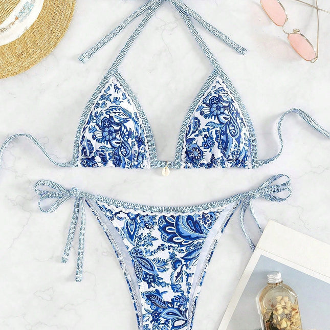 Contrasting Print Strap Sexy Bikini Split Swimsuit Batwing Short Sleeve Shirt W Plants Print