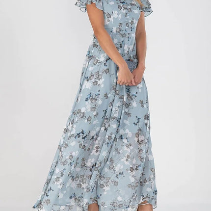 Beach Flared Maxi Dress Chiffon Floral Short Sleeve Ruffle V-Neck Fashion Waist-Defining Dress