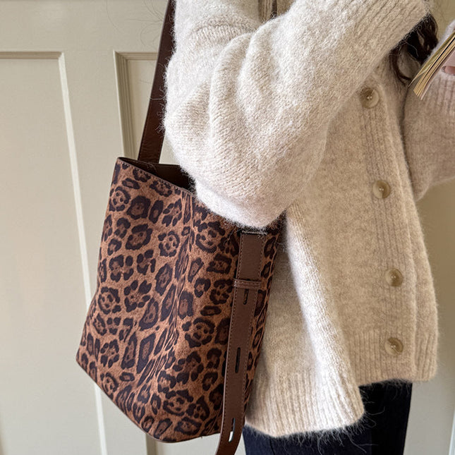 Suede vintage leopard print bucket bag, versatile shoulder crossbody women tote bag, hobo shoulder bag for women - Dashing Nova