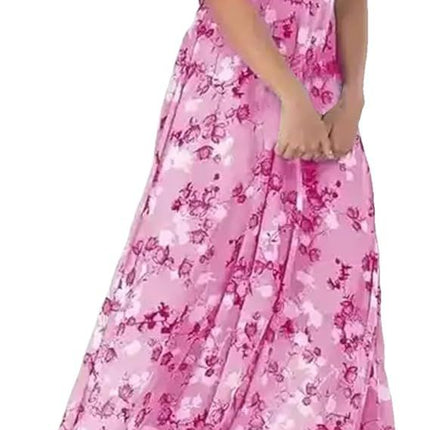 Beach Flared Maxi Dress Chiffon Floral Short Sleeve Ruffle V-Neck Fashion Waist-Defining Dress