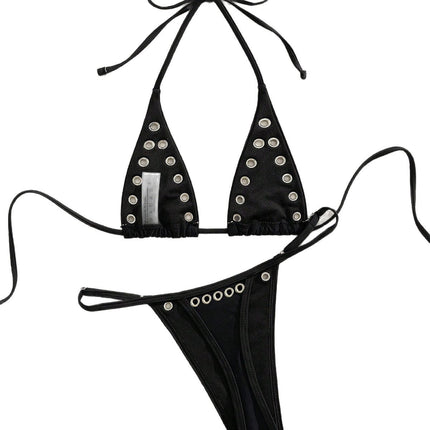 Ins Niche French Style Sexy Metal Ring Pure Desire Halterneck Retro Girl Bikini Swimsuit Set