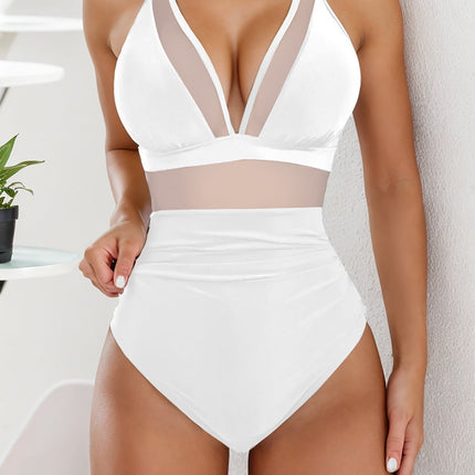 2026 Bikini solid color mesh halter sexy bikini one-piece swimsuit swimsuit