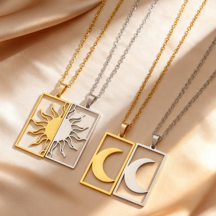 18K Gold Plated Sun Moon Hollow Geometric Square Pendant Stainless Steel Necklace