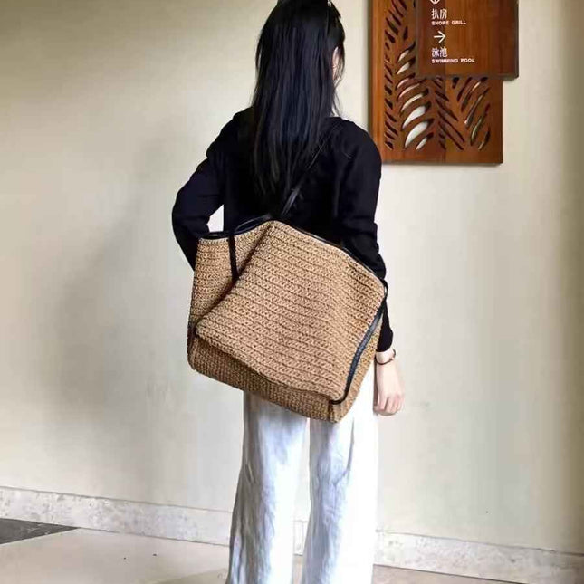 Exquisite Vintage Straw Bag & Large Capacity Women's Commuter Shoulder Bag: Woven Tote & Chic Seaside Vacation Shopping Bag Combo hobo