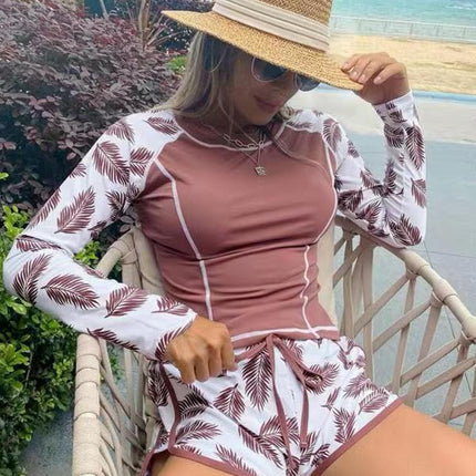 Women's Sun Protection Diving Suit Printed Boxer Long Sleeve Swimsuit UV Protection Swimwear