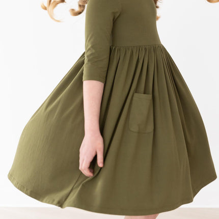 Olive 3/4 Sleeve Pocket Twirl Dress