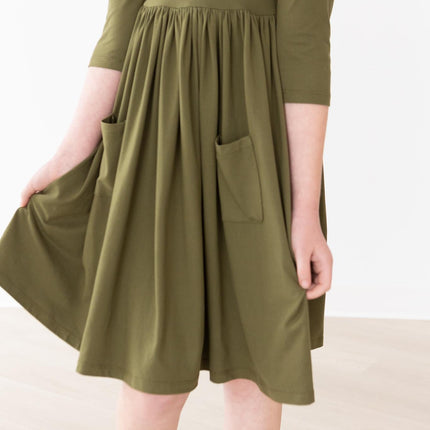 Olive 3/4 Sleeve Pocket Twirl Dress