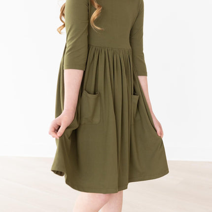 Olive 3/4 Sleeve Pocket Twirl Dress