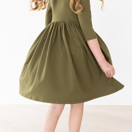 Olive 3/4 Sleeve Pocket Twirl Dress