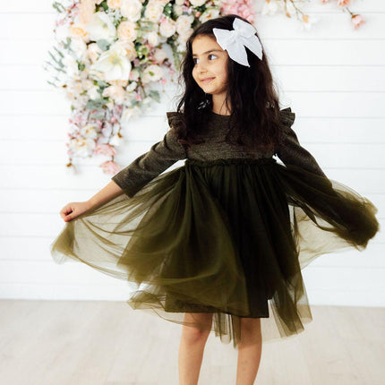 Olive Shimmer 3/4 Sleeve Tutu Dress