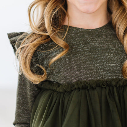 Olive Shimmer 3/4 Sleeve Tutu Dress