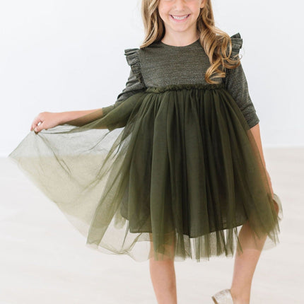 Olive Shimmer 3/4 Sleeve Tutu Dress