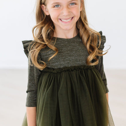 Olive Shimmer 3/4 Sleeve Tutu Dress