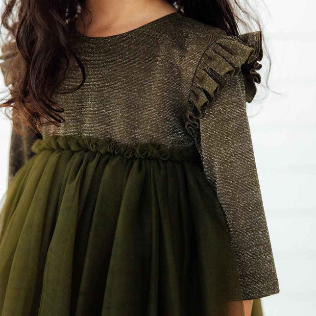 Olive Shimmer 3/4 Sleeve Tutu Dress