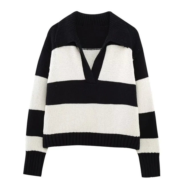 Women Fashion Black Striped Knit Sweater Spring Vintage Polo Neck Long Sleeve Female Pullovers Chic Tops - Dashing Nova