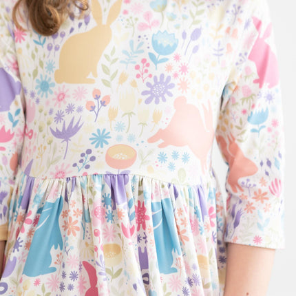Pastel Floral Bunnies 3/4 Sleeve Pocket Twirl Dress