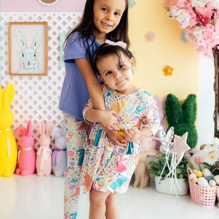 Pastel Floral Bunnies 3/4 Sleeve Pocket Twirl Dress