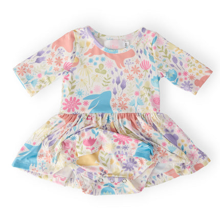 Pastel Floral Bunnies 3/4 Sleeve Twirl Bodysuit