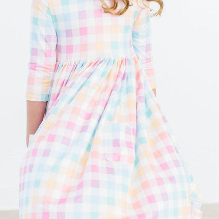 Pastel Plaid 3/4 Sleeve Pocket Twirl Dress