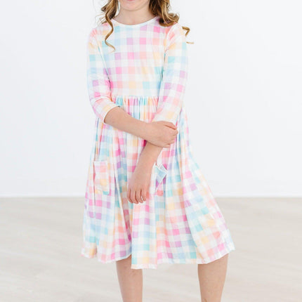 Pastel Plaid 3/4 Sleeve Pocket Twirl Dress
