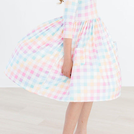 Pastel Plaid 3/4 Sleeve Pocket Twirl Dress