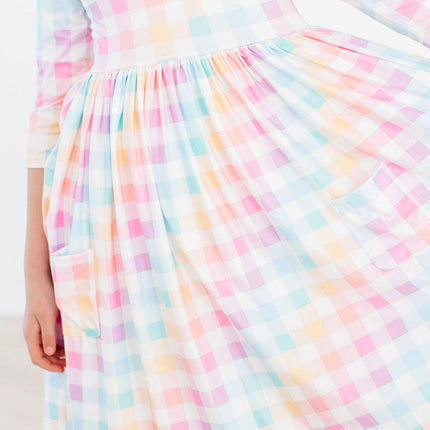 Pastel Plaid 3/4 Sleeve Pocket Twirl Dress