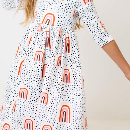 Peach Rainbow 3/4 Sleeve Pocket Twirl Dress
