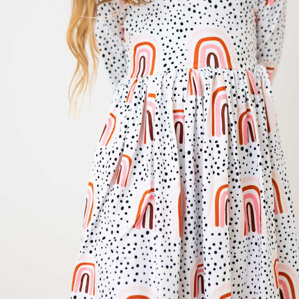 Peach Rainbow 3/4 Sleeve Pocket Twirl Dress