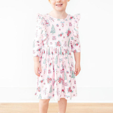 Pink Christmas 3/4 Sleeve Ruffle Twirl Dress