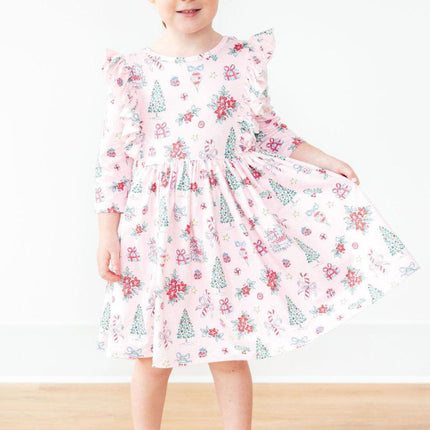 Pink Christmas 3/4 Sleeve Ruffle Twirl Dress