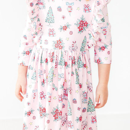 Pink Christmas 3/4 Sleeve Ruffle Twirl Dress