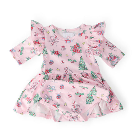 Pink Christmas 3/4 Sleeve Twirl Flutter Bodysuit