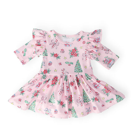 Pink Christmas 3/4 Sleeve Twirl Flutter Bodysuit