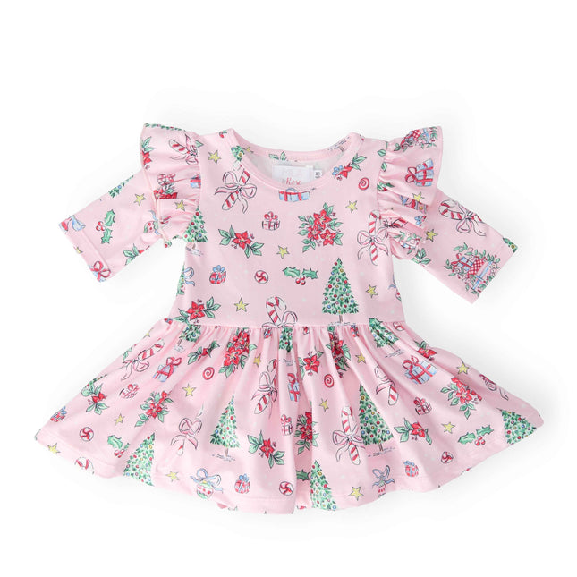 Pink Christmas 3/4 Sleeve Twirl Flutter Bodysuit