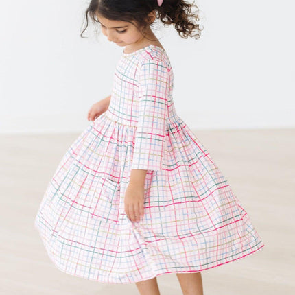 Pink Plaid 3/4 Sleeve Pocket Twirl Dress