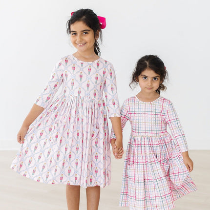 Pink Plaid 3/4 Sleeve Pocket Twirl Dress