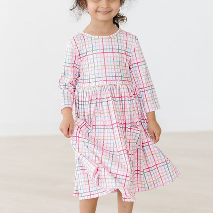 Pink Plaid 3/4 Sleeve Pocket Twirl Dress