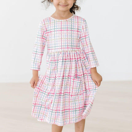 Pink Plaid 3/4 Sleeve Pocket Twirl Dress