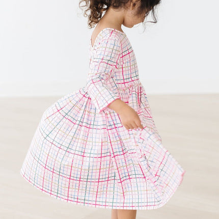 Pink Plaid 3/4 Sleeve Pocket Twirl Dress