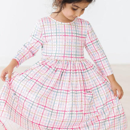 Pink Plaid 3/4 Sleeve Pocket Twirl Dress