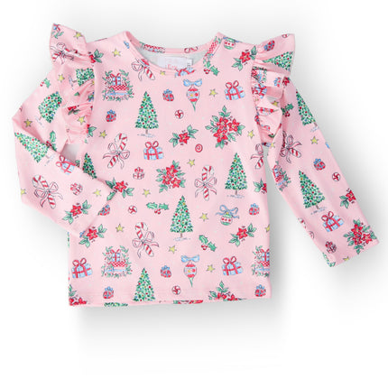 Pink Christmas L/S Ruffle Tee