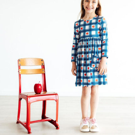 Plaid Apples L/S Pocket Twirl Dress