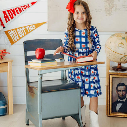 Plaid Apples L/S Pocket Twirl Dress