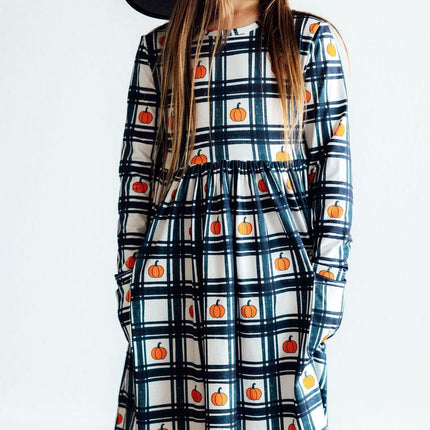 Plaid Pumpkins L/S Pocket Twirl Dress