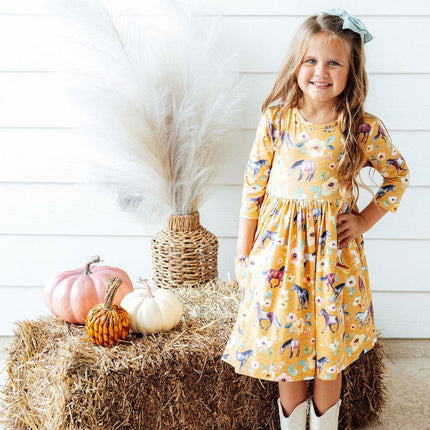 Ponies & Poppies 3/4 Sleeve Pocket Twirl Dress