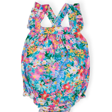 Preppy Floral Ruffle Cross Back Romper