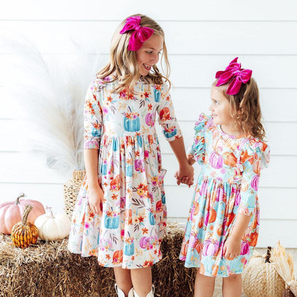 Preppy Pumpkins 3/4 Sleeve Ruffle Twirl Dress
