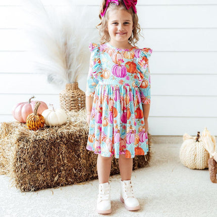 Preppy Pumpkins 3/4 Sleeve Ruffle Twirl Dress