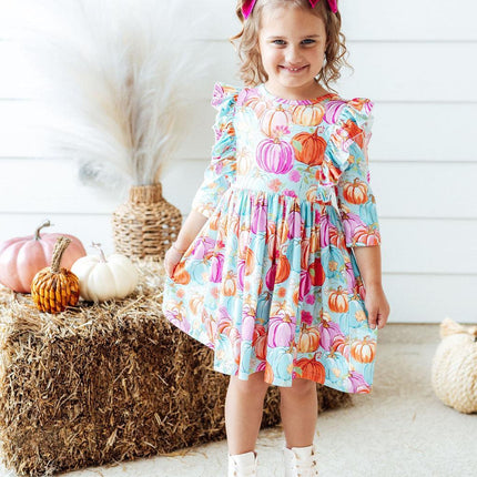 Preppy Pumpkins 3/4 Sleeve Ruffle Twirl Dress